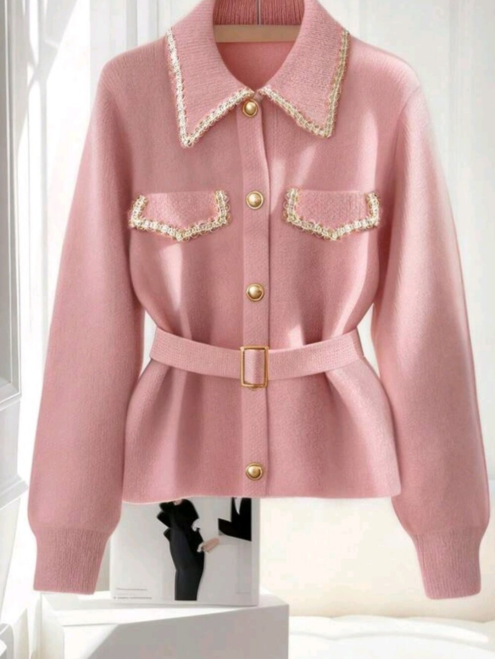 Autumn Pink And Gold Women Cardigan Sweater,Lace Trim Metal Buckle Waist